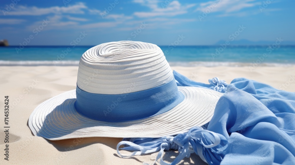 Blue beach towel accompanied by a hat, symbolizing summer relaxation, Ai Generated