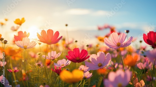 Flourishing field of yellow, pink, and orange cosmos flowers basking in the sunlight, Ai Generated