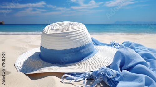 Blue beach towel accompanied by a hat, symbolizing summer relaxation, Ai Generated photo