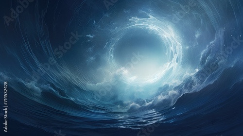 Blue sea waves spiraling into a circular water tornado formation, Ai Generated