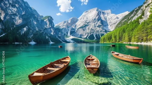 Vessels on Braies Lake Pragser Wildsee, nestled in the Dolomite mountains, Ai Generated photo