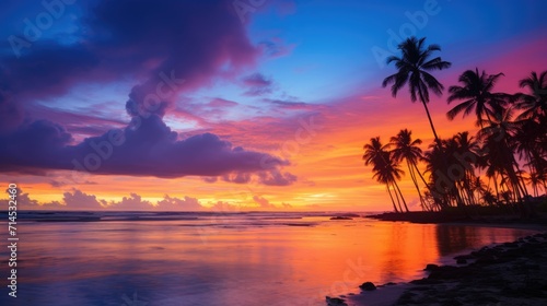 Gorgeous, vivid sunset at a tropical sea beach, outlined by coconut tree silhouettes, Ai Generated. © Crazy Juke