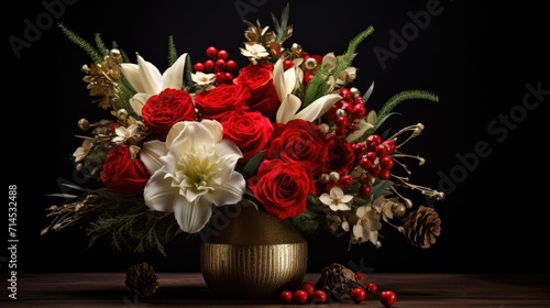 A Christmas flower graces a vase against a dark backdrop, radiating festive elegance, Ai Generated. © Crazy Juke
