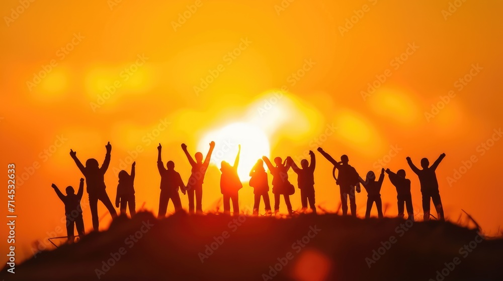 A powerful silhouette of a group of teens raising their hands in unity, Ai Generated.