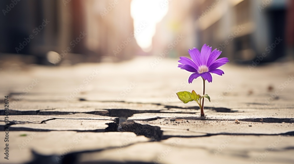 A resilient purple flower emerges from cracked asphalt on the street, Ai Generated.