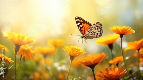 Immerse yourself in the world of nature as a beautiful butterfly takes flight near blooming flowers, captured in captivating macro photography, Ai Generated.