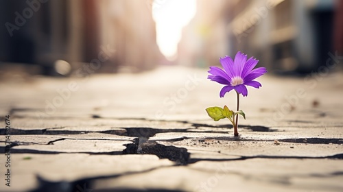 A resilient purple flower emerges from cracked asphalt on the street, Ai Generated. © Crazy Juke