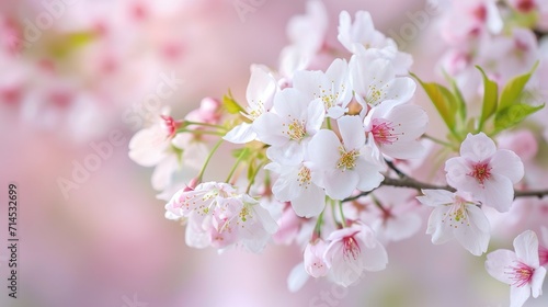 Cherry flowers bloom in small clusters on a Sakura tree branch, Ai Generated.