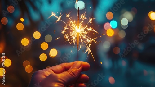 Hand Holding a Sparkler at a Vibrant Beach Party with Nighttime Firework Spectacle Ai Generated