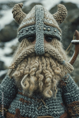 A depiction of a knitted Viking, complete with a helmet and a tiny ship.