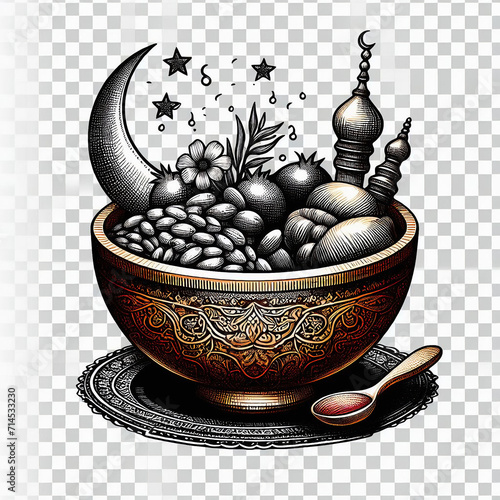 Transparent Ramadan suhoor Bowl hand painted vector photo