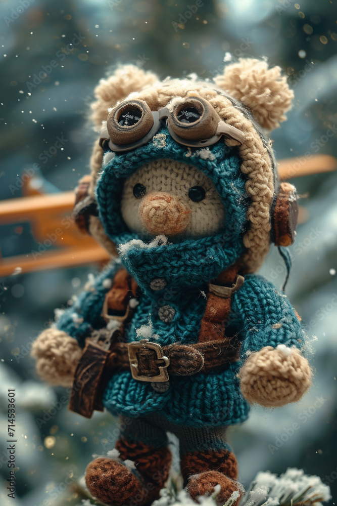 A scene of a knitted aviator, with a small airplane and aviator goggles. A scene of a knitted aviator, with a small airplane and aviator goggles.
