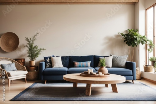 Bohemian Farmhouse Interior home design of modern living room with blue sofa and wooden table with wooden furniture and houseplants near the window © Basileus