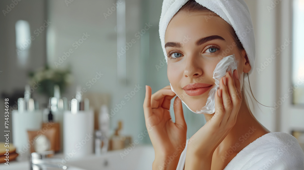 Radiant Skin Care: Woman Applies Moisturizer in Post-Bath Skincare Ritual, Beauty Regimen Refresh: Daily Skincare Routine for a Healthy Complexion Radiant Skin Care: Woman Applies Moisturizer in Post-Bath Skincare Ritual, Beauty Regimen Refresh: Daily Skincare Routine for a Healthy Complexion