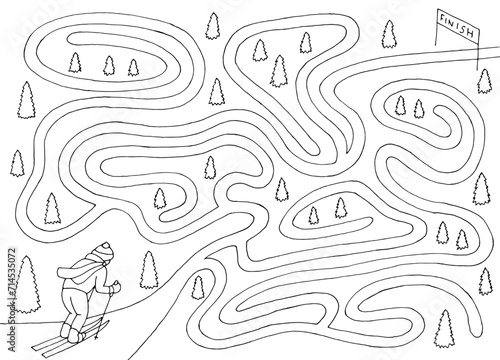 Ski race maze graphic black white sketch illustration vector