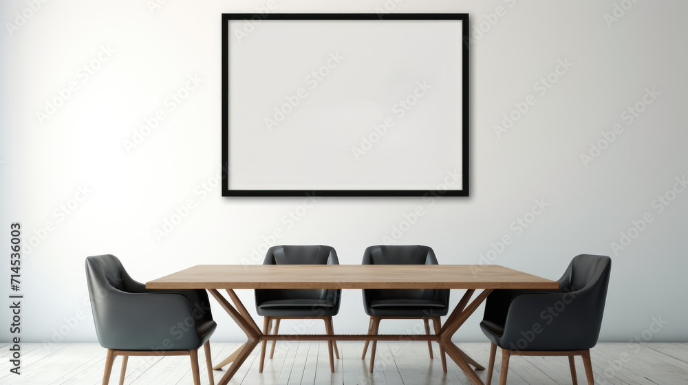 empty room with a hairs and table, empty wooden picture frame on wall, publications that explore minimalist interior design empty room with a hairs and table, empty wooden picture frame on wall, publications that explore minimalist interior design
