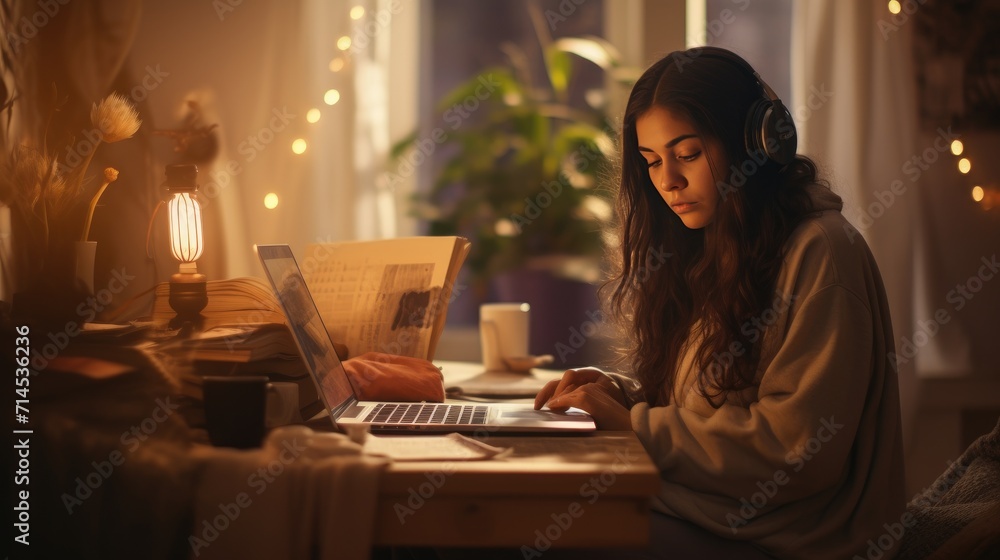 young woman working on her laptop, lo-fi workspace, aesthetic balance between productivity and relaxation young woman working on her laptop, lo-fi workspace, aesthetic balance between productivity and relaxation