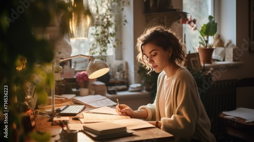 Young woman with a serene expression writing, lo-fi workspace, aesthetic blend of creativity photo