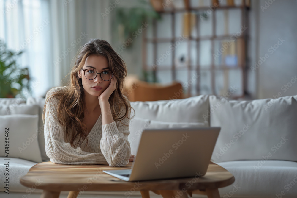 Thoughtful lady seated in front of her laptop. concentration and determination a productive work Thoughtful lady seated in front of her laptop. concentration and determination a productive work