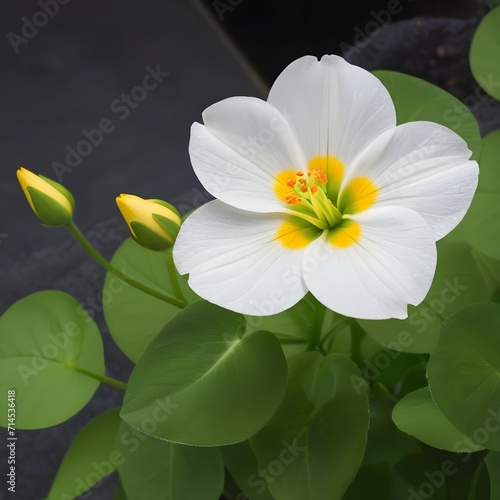 Blooming White Flower with Yellow Center Amidst Lush Green Leaves