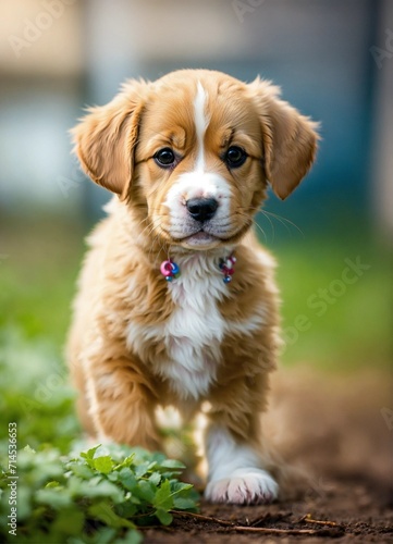 Golden Cute Puppy walk in grass
