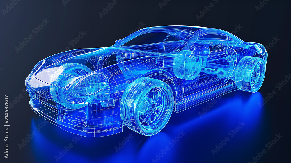 Fototapeta premium Sports car transparent Blue wire frame blueprints isolated on a black background. Front view of a sports car blue wireframe with transparent engine. Ambiance of blue wireframe sports car