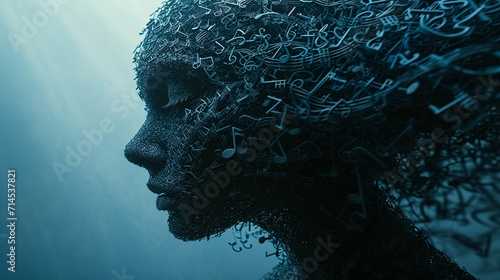 A portrayal of a character whose silhouette is made of interwoven musical staves and notes, symbolizing harmony. photo