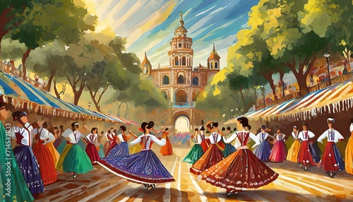 Illustrations of Festival celebration in Seville, flamenco dancers, colorful tents, and lively processions