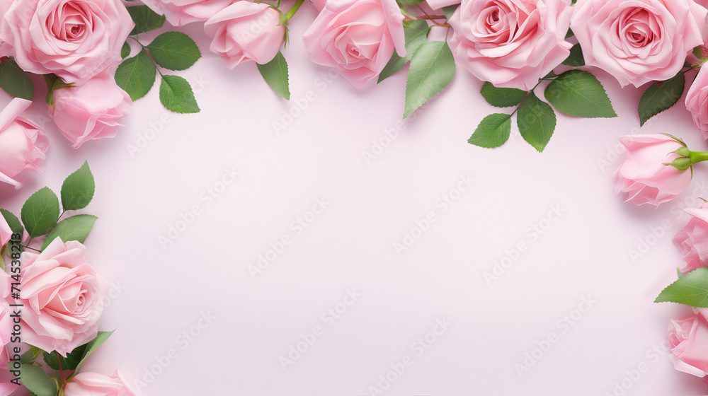 Romantic Rose Flowers Banner on Pink Background, Capturing the Essence of Springtime Beauty with Green Leaves and Copyspace for Your Elegant Floral Designs and Romantic Celebrations