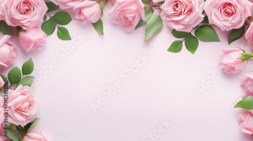 Romantic Rose Flowers Banner on Pink Background, Capturing the Essence of Springtime Beauty with Green Leaves and Copyspace for Your Elegant Floral Designs and Romantic Celebrations