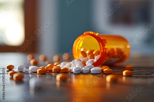 pills falling to the ground with an orange color prescription bottle photo