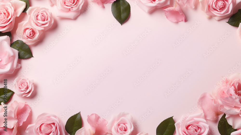 Romantic Rose Flowers Banner on Pink Background, Capturing the Essence of Springtime Beauty with Green Leaves and Copyspace for Your Elegant Floral Designs and Romantic Celebrations