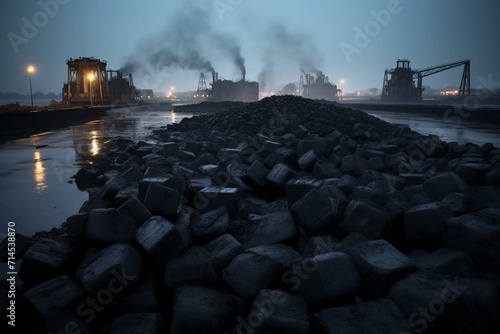 Coal piles at port. Generative AI photo