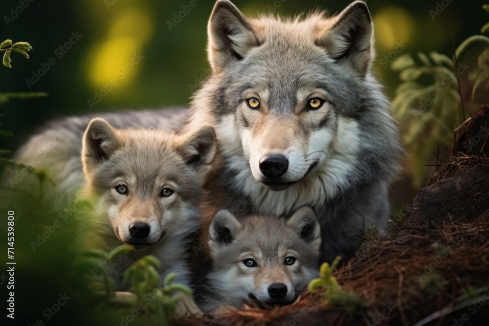 Obraz premium gray mother wolf with her cubs, litter cozy cuddles together in her burrow. wildlife, motherhood in animals. brood.