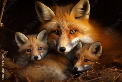 adorable red mother fox with her young ones, cozy cuddles together on a soft flower background. animal family, motherhood in animals.