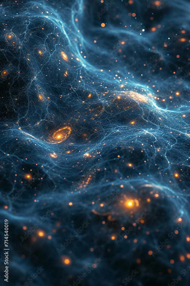 An artistic rendering of a universe where galaxies are connected by cosmic threads. An artistic rendering of a universe where galaxies are connected by cosmic threads.