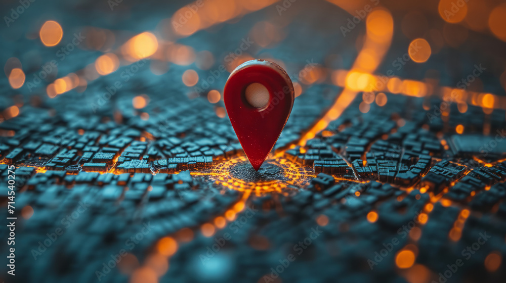 Red map pin in cityscape and network connection, indicating the city destination on the map and connection concept - obrazy, fototapety, plakaty 