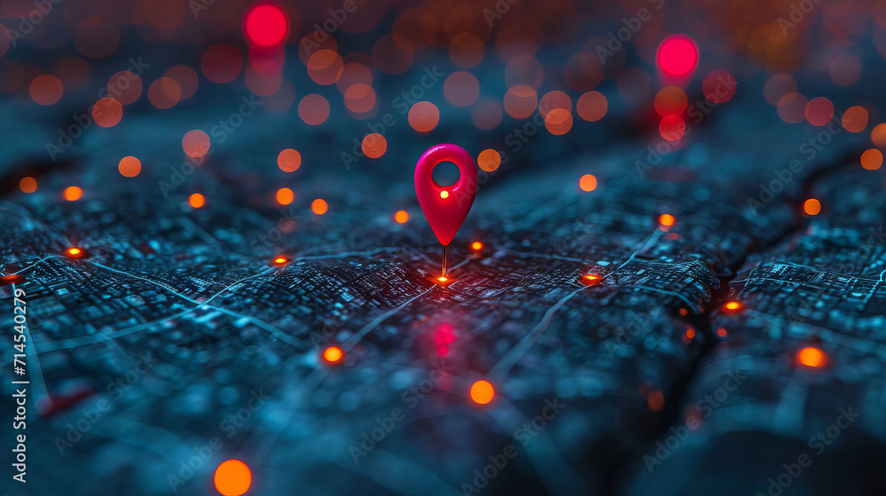 Red map pin in cityscape and network connection, indicating the city destination on the map and connection concept - obrazy, fototapety, plakaty 