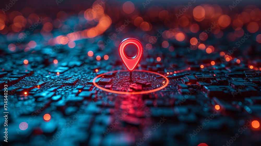 Red map pin in cityscape and network connection, indicating the city destination on the map and connection concept Red map pin in cityscape and network connection, indicating the city destination on the map and connection concept