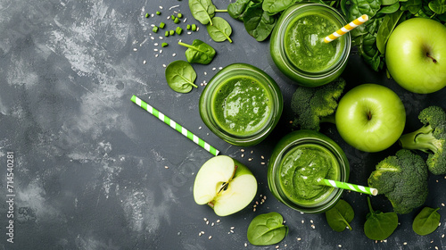 variety of three color green spinach kale apple yogurt smoothie . Ai Generative