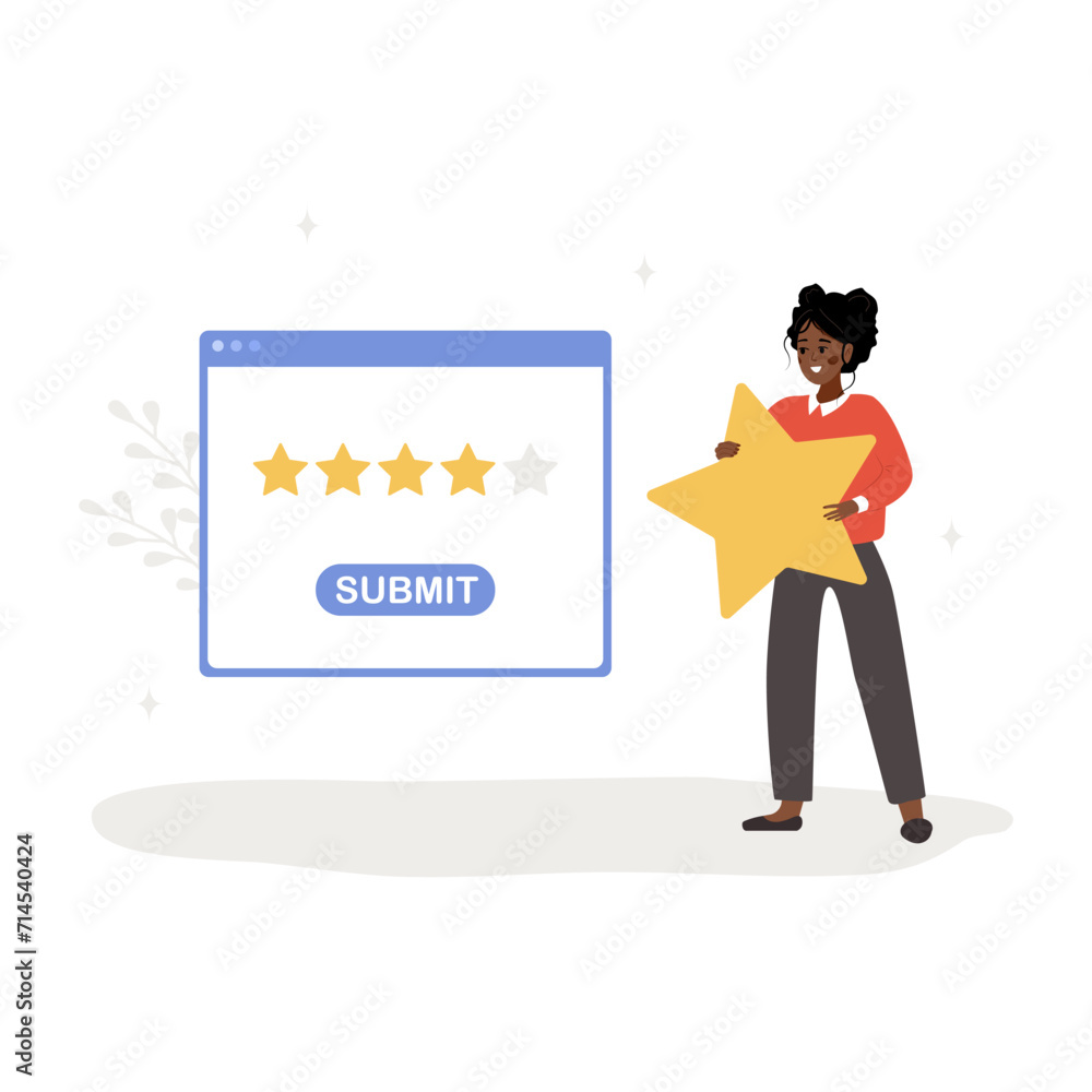 Customer review concept. African woman holding star and giving five stars rating. Dialog window in application with feedback. Positive response. Vector illustration in flat cartoon style.