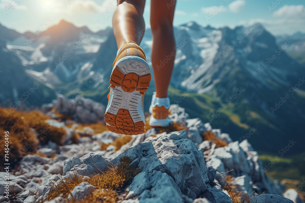 Low angle view of legs with sports shoes running on a mountain on summer day , trekking or trail run concept image - obrazy, fototapety, plakaty 