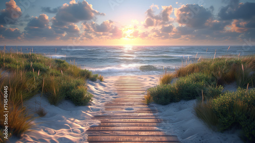 Fotografia Long boardwalk leading to the white sand beach and ocean water at sunset with fe