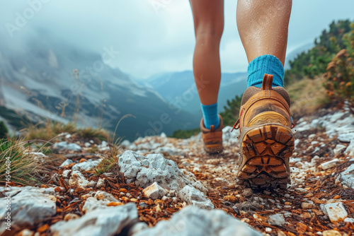 Low angle view of legs with sports shoes running on a mountain on summer day , trekking or trail run concept image