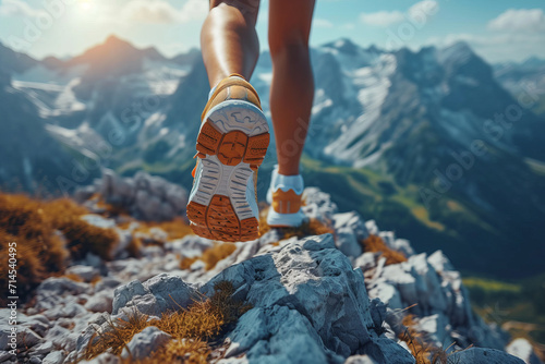 Low angle view of legs with sports shoes running on a mountain on summer day , trekking or trail run concept image photo