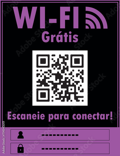 Wi-Fi Grátis com QR Code Preto e Rosa. Arte moderna para conexão à internet.