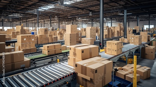 Warehouse fulfillment center with multiple cardboard box package. Conveyor belt in distribution warehouse for logistic and delivery concept. Generative AI © Alpa