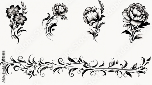 Vintage Baroque Floral Set with Peony and Carnation Flowers - Elegant Black and White Victorian Frame Ornament with Engraved Retro Leaf Scroll Vector Pattern for Decorative Tattoo Design