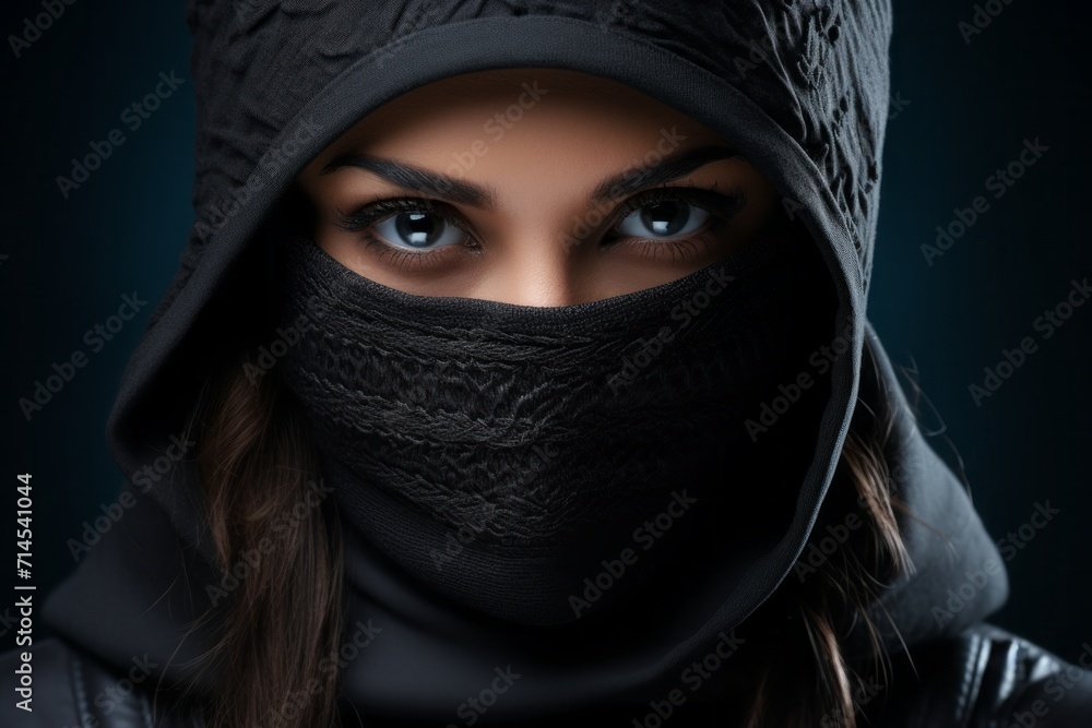 a girl in a black balaclava, a close-up portrait. A young woman covers her face with a mask, gaze of beautiful eyes. a girl in a black balaclava, a close-up portrait. A young woman covers her face with a mask, gaze of beautiful eyes.