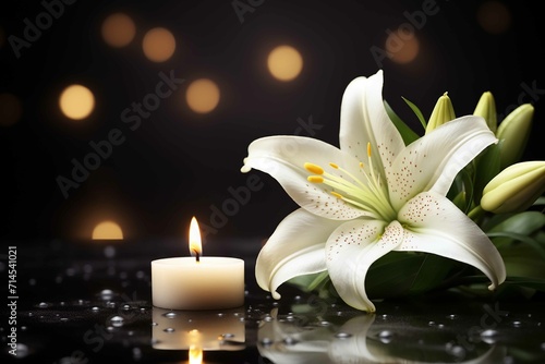 Beautiful white lily and burning candle on dark background with space for text. Stock image